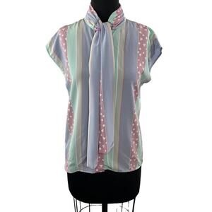 Vintage SASSON Pastel Multi Stripe Scarf-Neck Blouse Geometric Retro Tie Neck 12